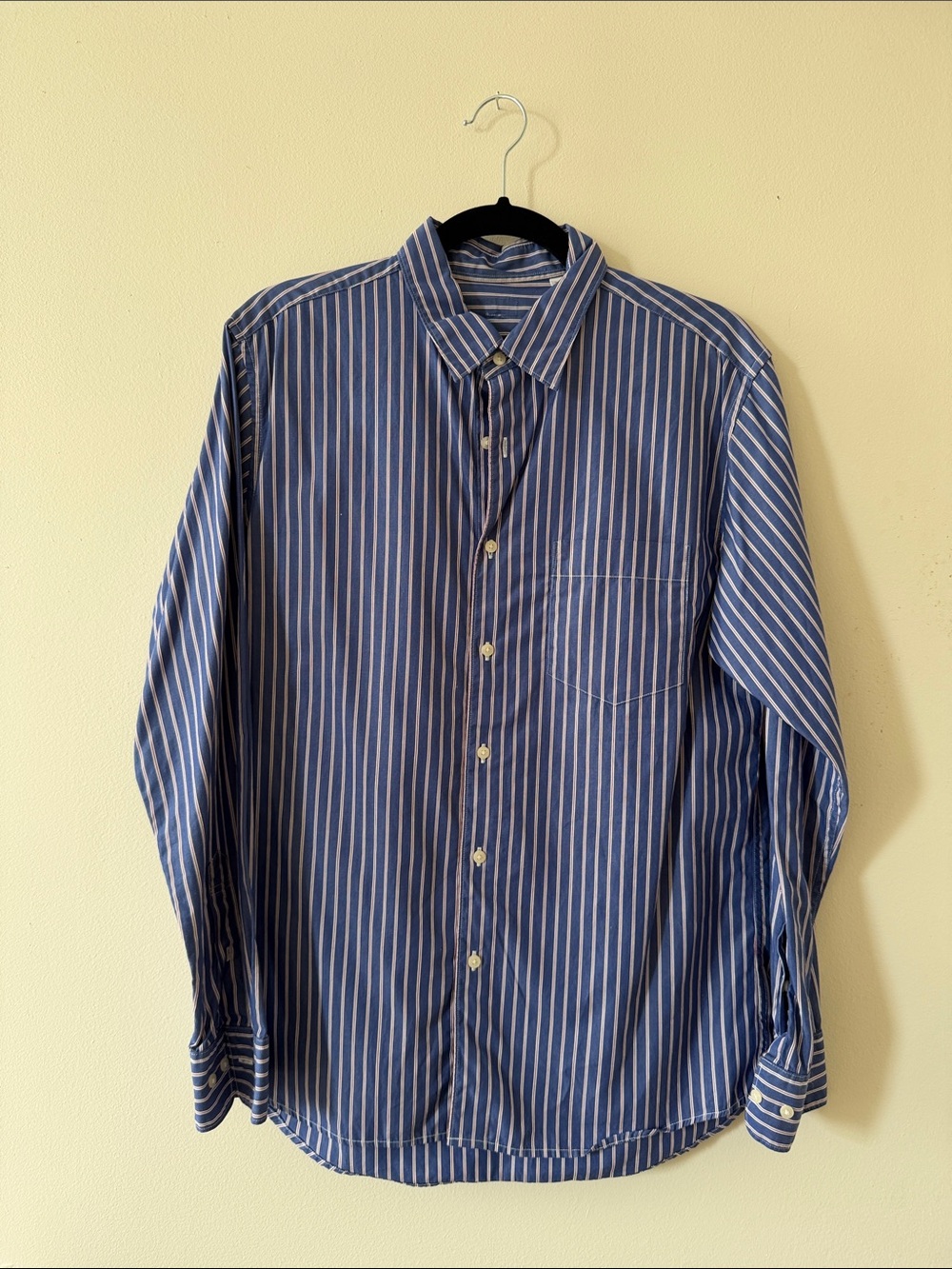 Uniqlo Navy and White Vertical Stripe Dress Shirt - Men's
